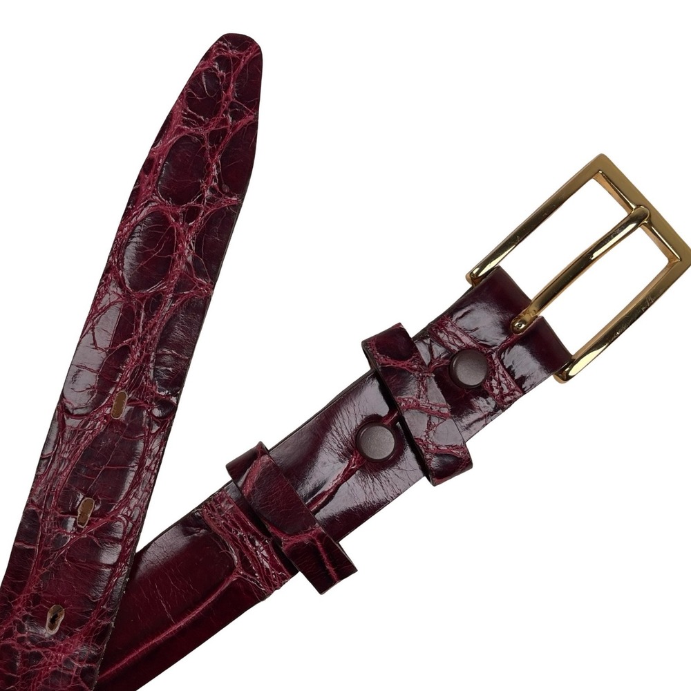 Vintage Genuine Alligator Leather Belt Women 30 Burgundy Gold Buckle Exotic Skin